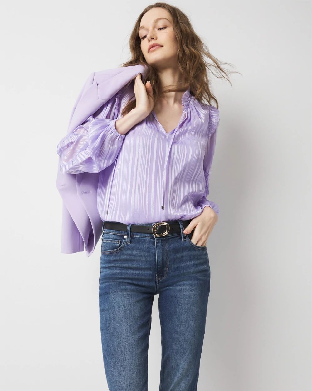 【美品】JNHearts Frill Stripe blouse Navy Supersoft Frill Detail Top-Ivory / Navy Stripe | Boden UK